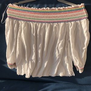 white and rainbow off the shoulder top